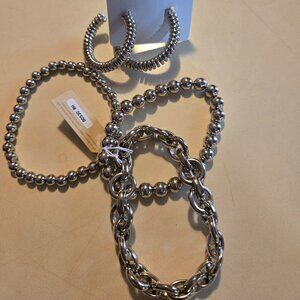 Triple strand stretch silver bead, chain bracelet with coordination hoop earring